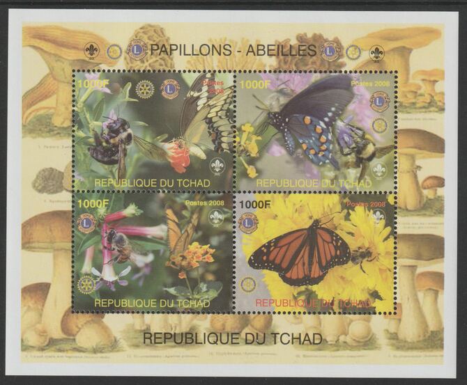 Chad 2008 Butterflies perf sheetlet containing 4 values (with Scouts, Lions Int & Rotary Logos)unmounted mint. Note this item is privately produced and is offered purely on its thematic appeal, stamps on butterflies, stamps on scouts, stamps on lions int, stamps on rotary
