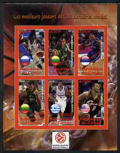 Congo 2010 The Best Euroleague Basketball Players of Decade imperf sheetlet containing 6 values unmounted mint, stamps on , stamps on  stamps on sport, stamps on  stamps on basketball