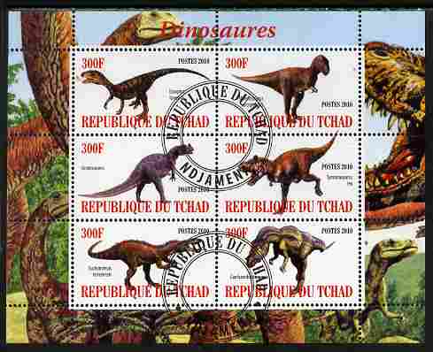 Chad 2010 Dinosaurs #1 perf sheetlet containing 6 values fine cto used, stamps on , stamps on  stamps on animals, stamps on  stamps on dinosaurs