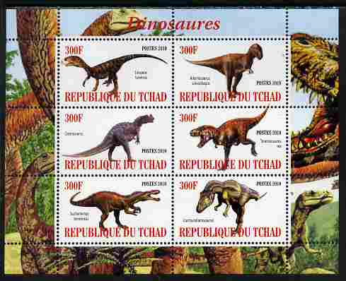 Chad 2010 Dinosaurs #1 perf sheetlet containing 6 values unmounted mint, stamps on animals, stamps on dinosaurs