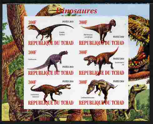 Chad 2010 Dinosaurs #1 imperf sheetlet containing 6 values unmounted mint, stamps on animals, stamps on dinosaurs