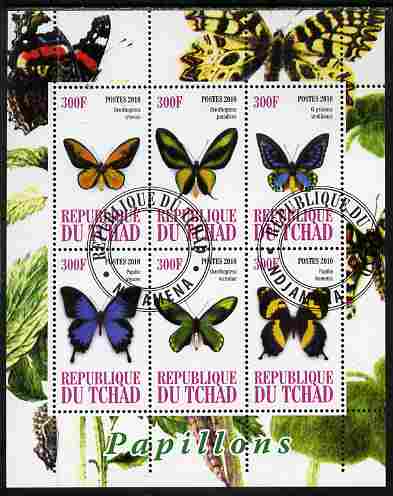 Chad 2010 Butterflies #1 perf sheetlet containing 6 values fine cto used, stamps on butterflies