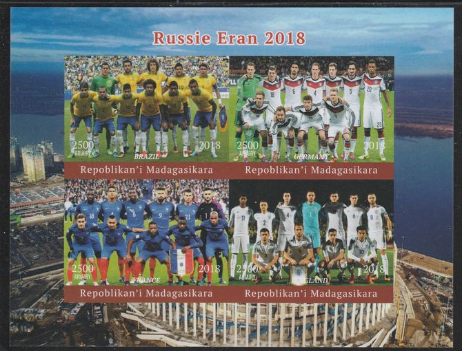 Madagascar 2018 Football World Cup - (Brazil, Germany, France & England) imperf sheetlet containing 4 values unmounted mint. Note this item is privately produced and is offered purely on its thematic appeal., stamps on , stamps on  stamps on football