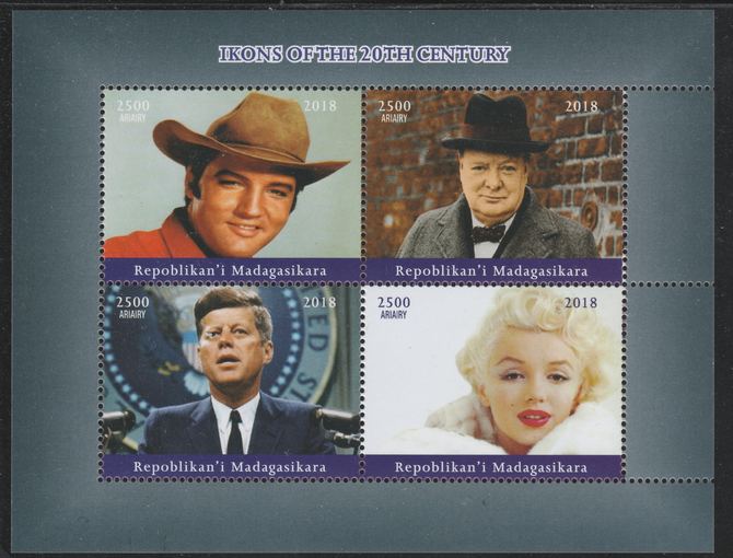 Madagascar 2018 Icons of 20th Century (Elvis, Churchill, Kennedy & Marilyn) perf sheetlet containing 4 values unmounted mint. Note this item is privately produced and is ..., stamps on personalities, stamps on elvis, stamps on music, stamps on churchill, stamps on kennedy, stamps on marilyn