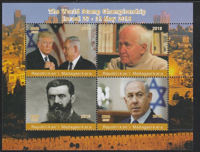 Madagascar 2018 World Stamp Championship (Trump & Ben Guirion) perf sheetlet containing 4 values unmounted mint. Note this item is privately produced and is offered purely on its thematic appeal., stamps on , stamps on  stamps on personalities, stamps on  stamps on trump, stamps on  stamps on usa presidents, stamps on  stamps on judaica, stamps on  stamps on postal