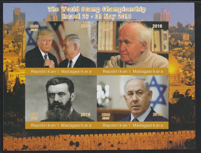 Madagascar 2018 World Stamp Championship (Trump & Ben Guirion) imperf sheetlet containing 4 values unmounted mint. Note this item is privately produced and is offered purely on its thematic appeal., stamps on , stamps on  stamps on personalities, stamps on  stamps on trump, stamps on  stamps on usa presidents, stamps on  stamps on judaica, stamps on  stamps on postal