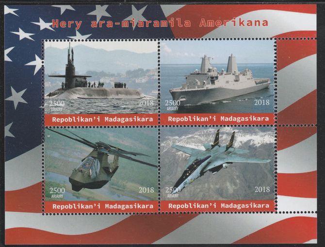Madagascar 2018 American Military (Submarine,Cruiser, Helicopter & Jet) perf sheetlet containing 4 values unmounted mint. Note this item is privately produced and is offered purely on its thematic appeal., stamps on ships, stamps on submarines, stamps on militaria, stamps on americana, stamps on helicopters, stamps on aviation, stamps on jets