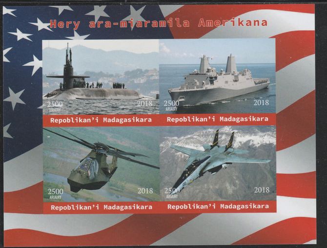 Madagascar 2018 American Military (Submarine,Cruiser, Helicopter & Jet) imperf sheetlet containing 4 values unmounted mint. Note this item is privately produced and is offered purely on its thematic appeal., stamps on ships, stamps on submarines, stamps on militaria, stamps on americana, stamps on helicopters, stamps on aviation, stamps on jets