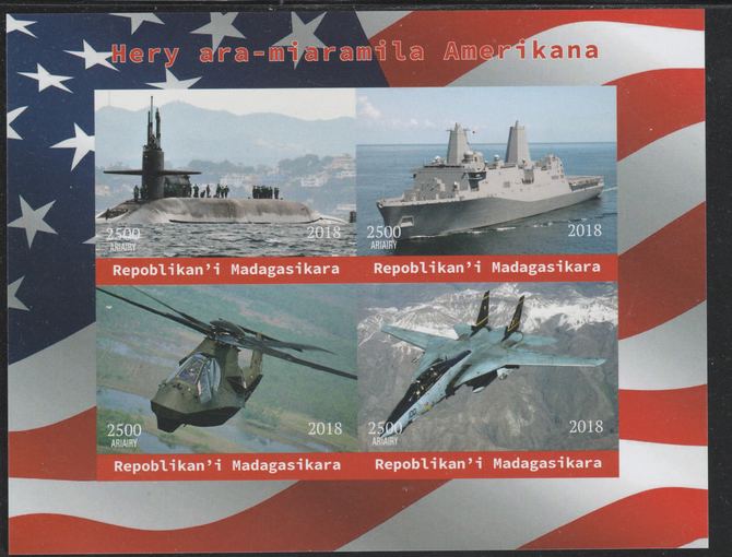 Madagascar 2018 American Military (Submarine,Cruiser, Helicopter & Jet) imperf sheetlet containing 4 values unmounted mint. Note this item is privately produced and is offered purely on its thematic appeal., stamps on , stamps on  stamps on ships, stamps on  stamps on submarines, stamps on  stamps on militaria, stamps on  stamps on americana, stamps on  stamps on helicopters, stamps on  stamps on aviation, stamps on  stamps on jets¶