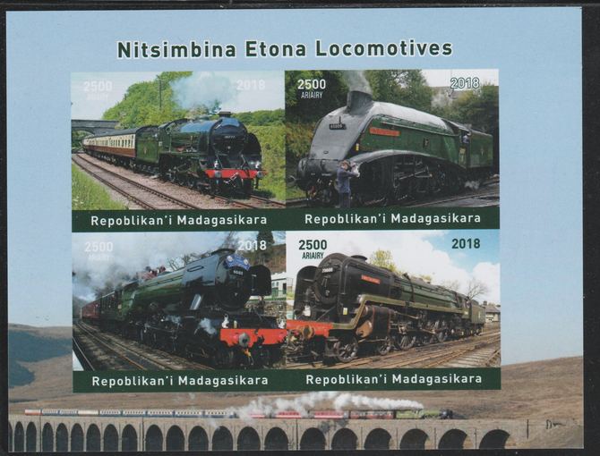 Madagascar 2018 Steam Locomotives imperf sheetlet containing 4 values unmounted mint. Note this item is privately produced and is offered purely on its thematic appeal., stamps on railways