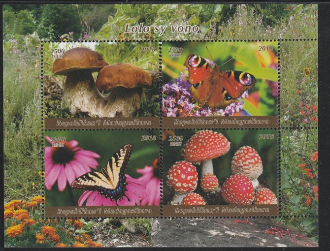Madagascar 2018 Fungi & Butterflies perf sheetlet containing 4 values unmounted mint. Note this item is privately produced and is offered purely on its thematic appeal., stamps on fungi, stamps on butterflies