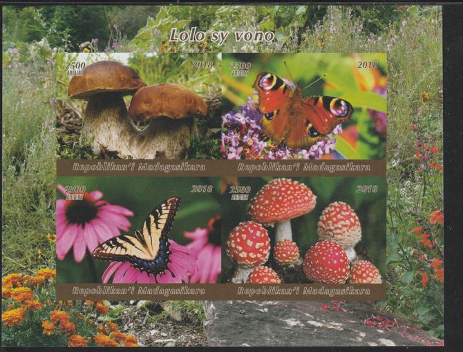 Madagascar 2018 Fungi & Butterflies imperf sheetlet containing 4 values unmounted mint. Note this item is privately produced and is offered purely on its thematic appeal., stamps on , stamps on  stamps on fungi, stamps on  stamps on butterflies