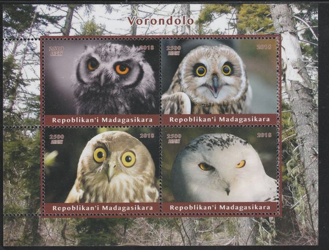 Madagascar 2018 Owls perf sheetlet containing 4 values unmounted mint. Note this item is privately produced and is offered purely on its thematic appeal., stamps on , stamps on  stamps on birds, stamps on  stamps on birds of prey, stamps on  stamps on owls