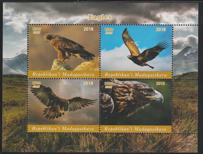 Madagascar 2018 Birds of Prey perf sheetlet containing 4 values unmounted mint. Note this item is privately produced and is offered purely on its thematic appeal., stamps on , stamps on  stamps on birds, stamps on  stamps on birds of prey, stamps on  stamps on 