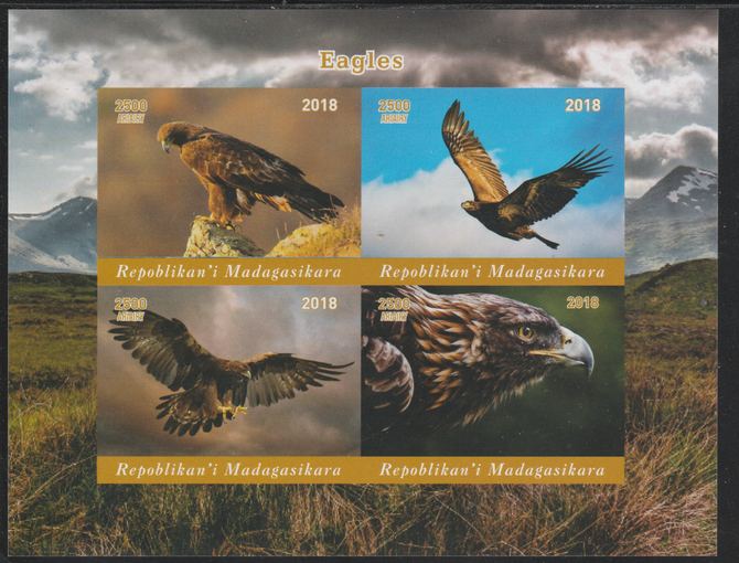 Madagascar 2018 Birds of Prey imperf sheetlet containing 4 values unmounted mint. Note this item is privately produced and is offered purely on its thematic appeal., stamps on , stamps on  stamps on birds, stamps on  stamps on birds of prey, stamps on  stamps on 