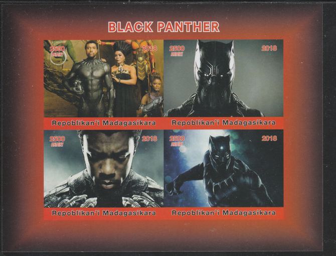 Madagascar 2018 Black Panther imperf sheetlet containing 4 values unmounted mint. Note this item is privately produced and is offered purely on its thematic appeal., stamps on black panther, stamps on films, stamps on cinema, stamps on sci-fi, stamps on movies