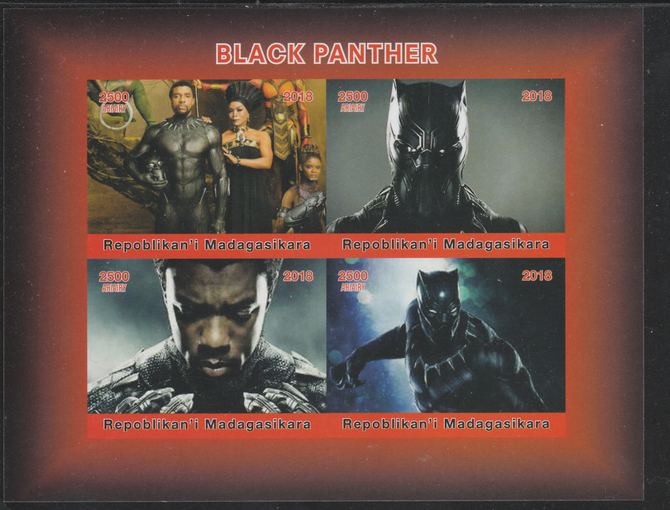 Madagascar 2018 Black Panther imperf sheetlet containing 4 values unmounted mint. Note this item is privately produced and is offered purely on its thematic appeal., stamps on , stamps on  stamps on black panther, stamps on  stamps on films, stamps on  stamps on cinema, stamps on  stamps on sci-fi, stamps on  stamps on movies