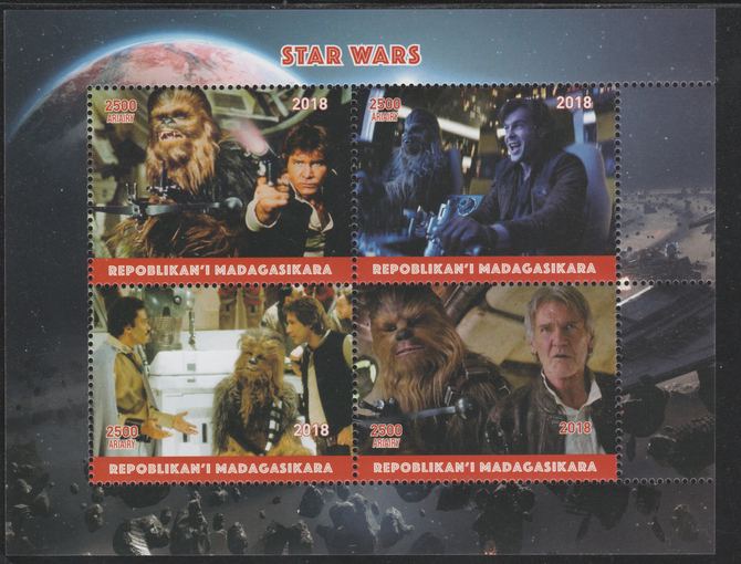 Madagascar 2018 Star Wars perf sheetlet containing 4 values unmounted mint. Note this item is privately produced and is offered purely on its thematic appeal., stamps on , stamps on  stamps on star wars, stamps on  stamps on films, stamps on  stamps on cinema, stamps on  stamps on sci-fi, stamps on  stamps on movies