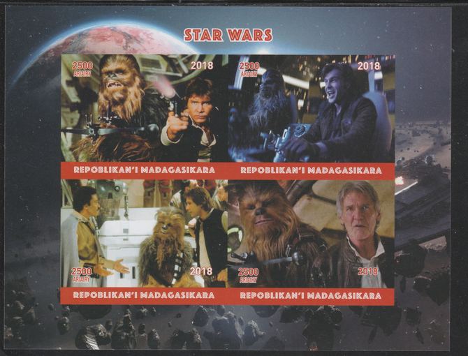 Madagascar 2018 Star Wars imperf sheetlet containing 4 values unmounted mint. Note this item is privately produced and is offered purely on its thematic appeal., stamps on star wars, stamps on films, stamps on cinema, stamps on sci-fi, stamps on movies