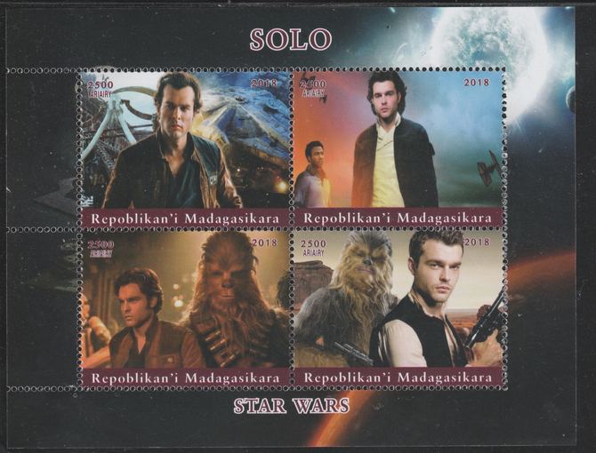 Madagascar 2018 Star Wars - Solo perf sheetlet containing 4 values unmounted mint. Note this item is privately produced and is offered purely on its thematic appeal., stamps on , stamps on  stamps on star wars, stamps on  stamps on films, stamps on  stamps on cinema, stamps on  stamps on sci-fi, stamps on  stamps on movies