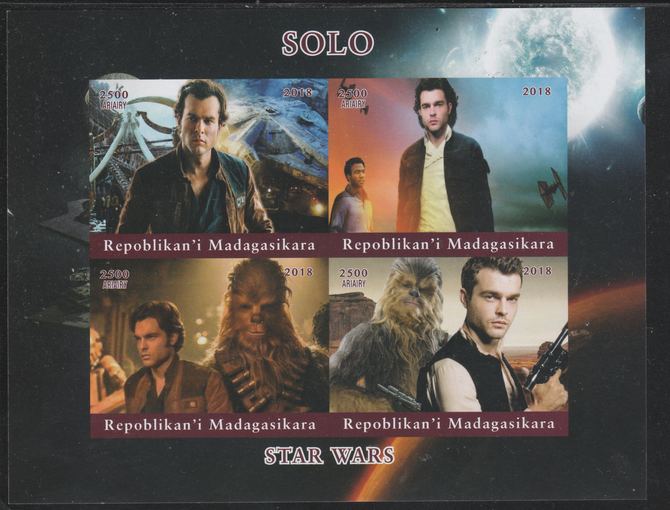 Madagascar 2018 Star Wars - Solo imperf sheetlet containing 4 values unmounted mint. Note this item is privately produced and is offered purely on its thematic appeal., stamps on star wars, stamps on films, stamps on cinema, stamps on sci-fi, stamps on movies