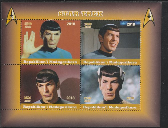 Madagascar 2018 Star Trek - Spok perf sheetlet containing 4 values unmounted mint. Note this item is privately produced and is offered purely on its thematic appeal., stamps on , stamps on  stamps on star trek, stamps on  stamps on films, stamps on  stamps on cinema, stamps on  stamps on sci-fi, stamps on  stamps on movies