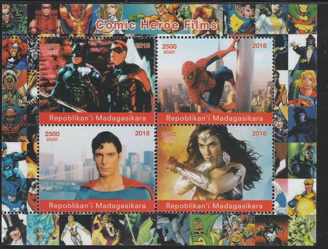 Madagascar 2018 Comic Heroes #1 perf sheetlet containing 4 values unmounted mint. Note this item is privately produced and is offered purely on its thematic appeal., stamps on , stamps on  stamps on films, stamps on  stamps on cinema, stamps on  stamps on sci-fi, stamps on  stamps on movies, stamps on  stamps on superman, stamps on  stamps on wonder woman, stamps on  stamps on spiderman, stamps on  stamps on batman