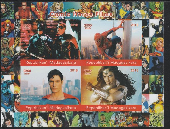 Madagascar 2018 Comic Heroes #1 imperf sheetlet containing 4 values unmounted mint. Note this item is privately produced and is offered purely on its thematic appeal., stamps on films, stamps on cinema, stamps on sci-fi, stamps on movies, stamps on superman, stamps on wonder woman, stamps on spiderman, stamps on batman