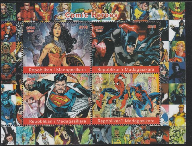 Madagascar 2018 Comic Heroes #2 perf sheetlet containing 4 values unmounted mint. Note this item is privately produced and is offered purely on its thematic appeal., stamps on , stamps on  stamps on films, stamps on  stamps on cinema, stamps on  stamps on sci-fi, stamps on  stamps on movies, stamps on  stamps on superman, stamps on  stamps on wonder woman, stamps on  stamps on spiderman, stamps on  stamps on batman