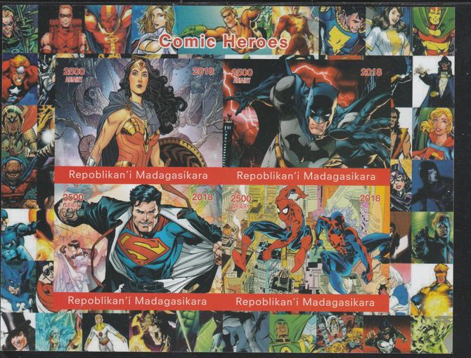 Madagascar 2018 Comic Heroes #2 imperf sheetlet containing 4 values unmounted mint. Note this item is privately produced and is offered purely on its thematic appeal., stamps on films, stamps on cinema, stamps on sci-fi, stamps on movies, stamps on superman, stamps on wonder woman, stamps on spiderman, stamps on batman