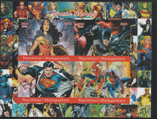 Madagascar 2018 Comic Heroes #2 imperf sheetlet containing 4 values unmounted mint. Note this item is privately produced and is offered purely on its thematic appeal., stamps on , stamps on  stamps on films, stamps on  stamps on cinema, stamps on  stamps on sci-fi, stamps on  stamps on movies, stamps on  stamps on superman, stamps on  stamps on wonder woman, stamps on  stamps on spiderman, stamps on  stamps on batman