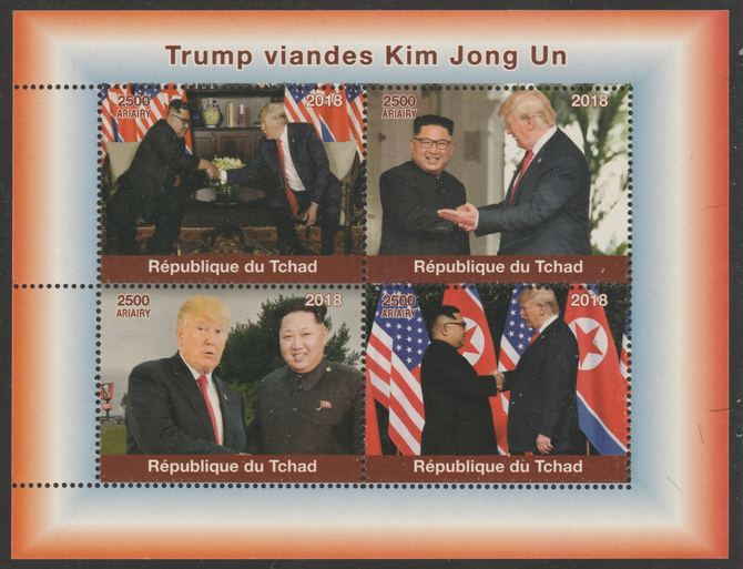 Chad 2018 Trump meets Kim Jong Un perf sheetlet containing 4 values unmounted mint. Note this item is privately produced and is offered purely on its thematic appeal, it has no postal validity, stamps on , stamps on  stamps on personalities, stamps on  stamps on trump, stamps on  stamps on usa presidents, stamps on  stamps on americana