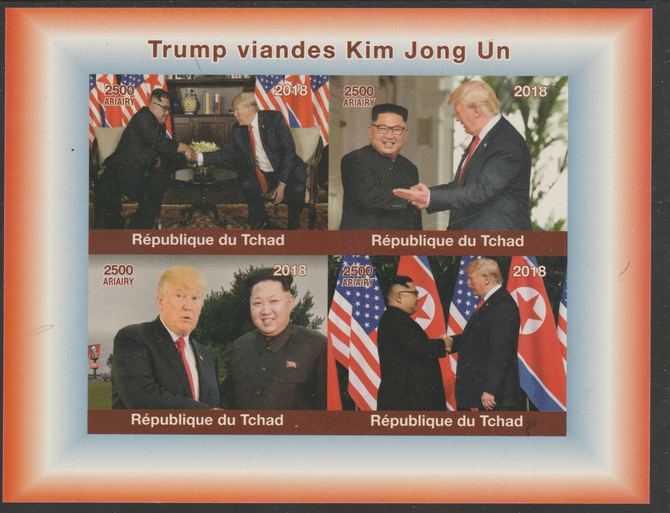 Chad 2018 Trump meets Kim Jong Un imperf sheetlet containing 4 values unmounted mint. Note this item is privately produced and is offered purely on its thematic appeal, it has no postal validity, stamps on , stamps on  stamps on personalities, stamps on  stamps on trump, stamps on  stamps on usa presidents, stamps on  stamps on americana