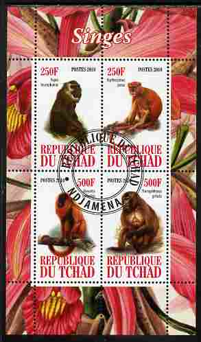 Chad 2010 Monkeys perf sheetlet containing 4 values fine cto used, stamps on animals, stamps on apes, stamps on monkeys