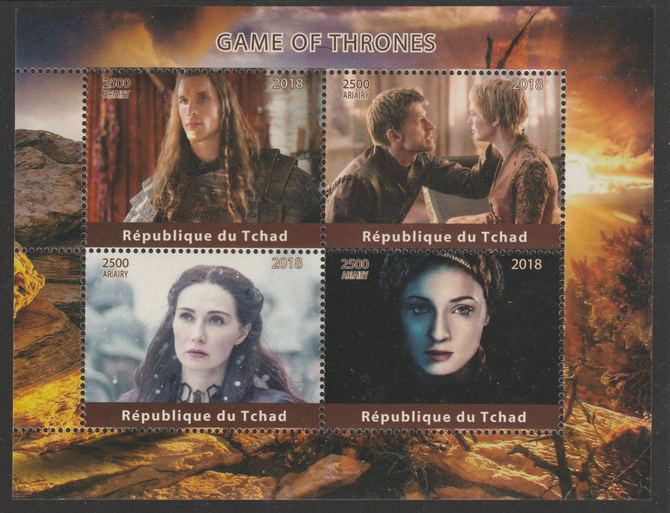 Chad 2018 Game of Thrones perf sheetlet containing 4 values unmounted mint. Note this item is privately produced and is offered purely on its thematic appeal, it has no p..., stamps on films, stamps on movies, stamps on cinema