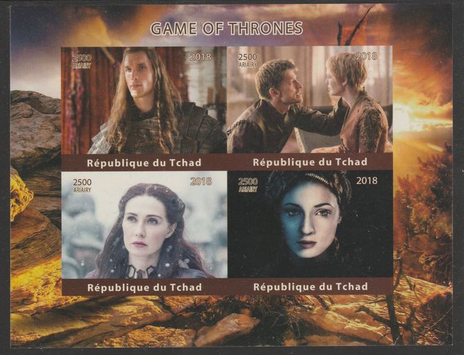 Chad 2018 Game of Thrones imperf sheetlet containing 4 values unmounted mint. Note this item is privately produced and is offered purely on its thematic appeal, it has no postal validity, stamps on , stamps on  stamps on films, stamps on  stamps on movies, stamps on  stamps on cinema