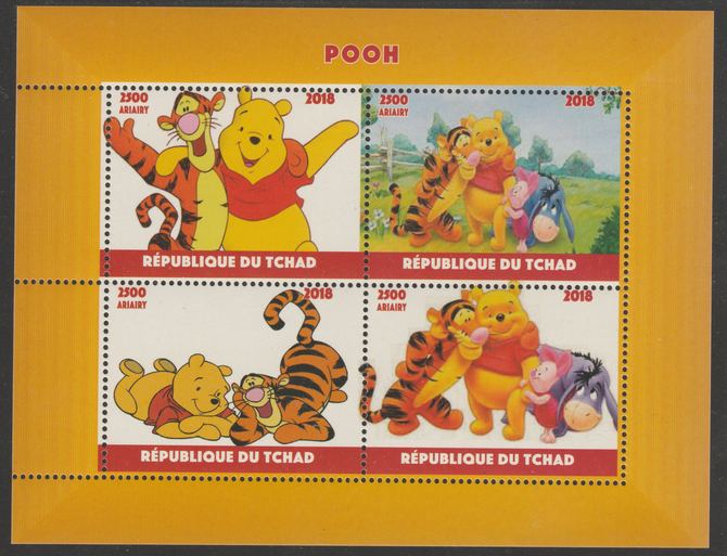 Chad 2018 Pooh Bear perf sheetlet containing 4 values unmounted mint. Note this item is privately produced and is offered purely on its thematic appeal, it has no postal validity, stamps on , stamps on  stamps on films, stamps on  stamps on movies, stamps on  stamps on cinema, stamps on  stamps on bears, stamps on  stamps on cartoons