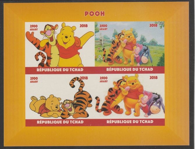 Chad 2018 Pooh Bear imperf sheetlet containing 4 values unmounted mint. Note this item is privately produced and is offered purely on its thematic appeal, it has no postal validity, stamps on , stamps on  stamps on films, stamps on  stamps on movies, stamps on  stamps on cinema, stamps on  stamps on bears, stamps on  stamps on cartoons