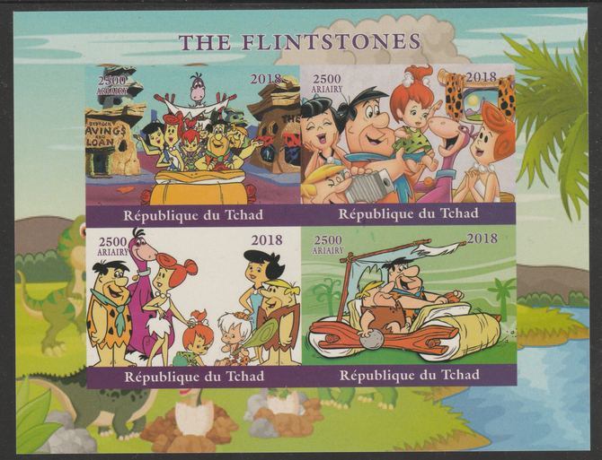 Chad 2018 The Flintstones imperf sheetlet containing 4 values unmounted mint. Note this item is privately produced and is offered purely on its thematic appeal, it has no..., stamps on films, stamps on movies, stamps on cinema, stamps on  tv , stamps on cartoons