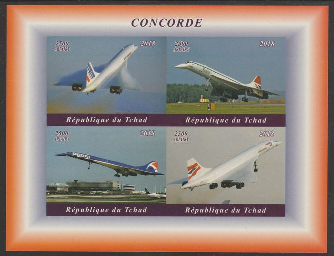 Chad 2018 Concorde imperf sheetlet containing 4 values unmounted mint. Note this item is privately produced and is offered purely on its thematic appeal, it has no postal validity, stamps on , stamps on  stamps on aviation, stamps on  stamps on concorde