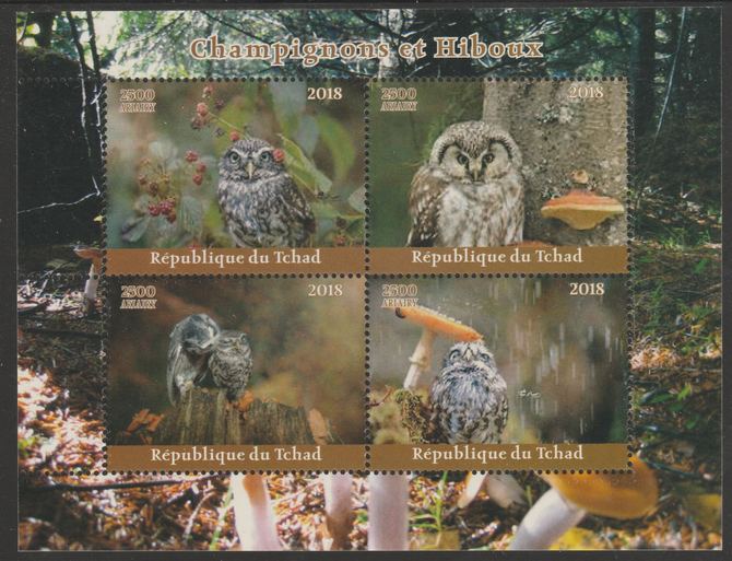 Chad 2018 Owls & Mushrooms perf sheetlet containing 4 values unmounted mint. Note this item is privately produced and is offered purely on its thematic appeal, it has no postal validity, stamps on birds, stamps on birds of prey, stamps on owls, stamps on fungi