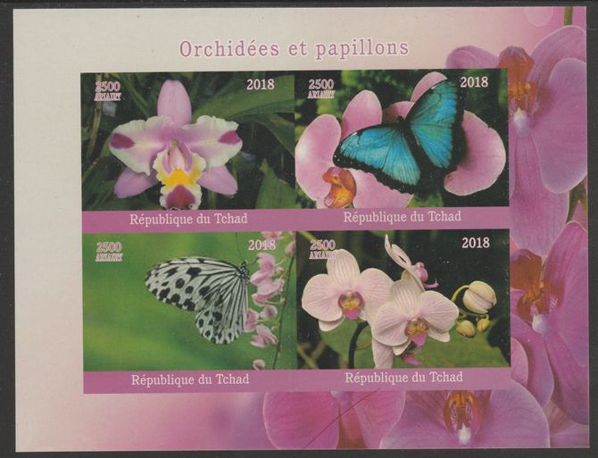 Chad 2018 Orchids & Butterflies imperf sheetlet containing 4 values unmounted mint. Note this item is privately produced and is offered purely on its thematic appeal, it has no postal validity, stamps on , stamps on  stamps on flowers, stamps on  stamps on orchids, stamps on  stamps on butterflies