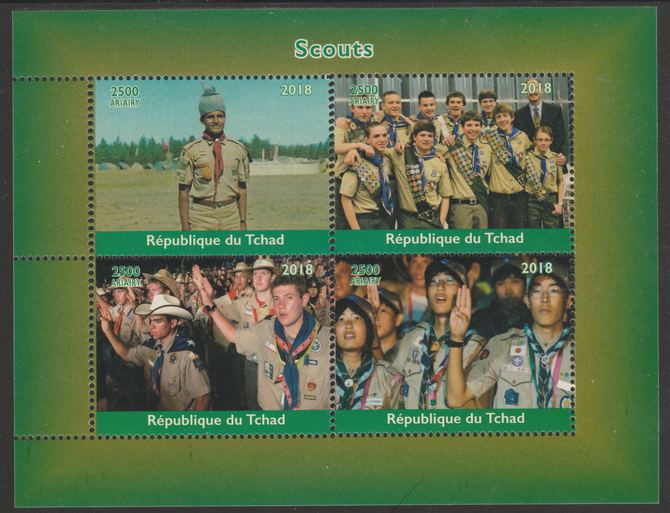 Chad 2018 Scouts perf sheetlet containing 4 values unmounted mint. Note this item is privately produced and is offered purely on its thematic appeal, it has no postal validity, stamps on , stamps on  stamps on scouts