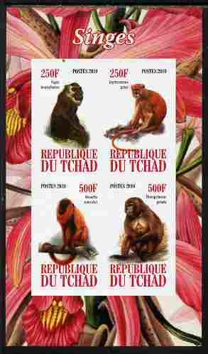 Chad 2010 Monkeys imperf sheetlet containing 4 values unmounted mint, stamps on animals, stamps on apes, stamps on monkeys