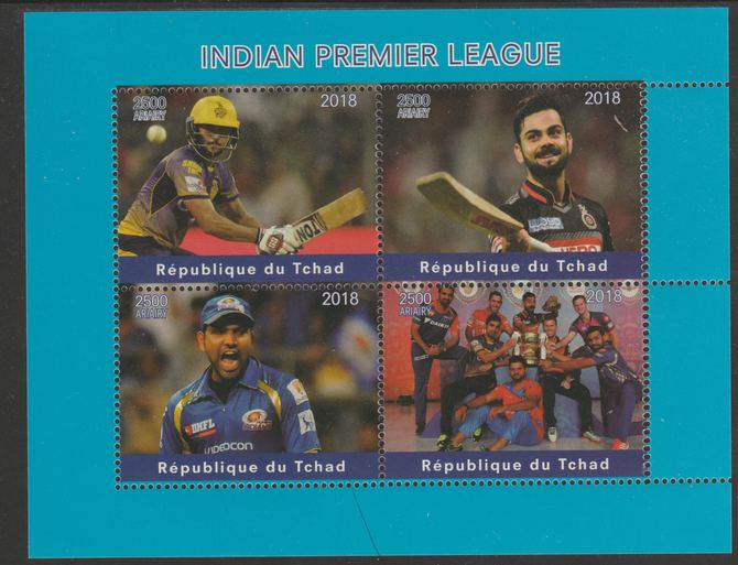 Chad 2018 Cricket - Indian Premier League perf sheetlet containing 4 values unmounted mint. Note this item is privately produced and is offered purely on its thematic appeal, it has no postal validity, stamps on , stamps on  stamps on sports, stamps on  stamps on cricket