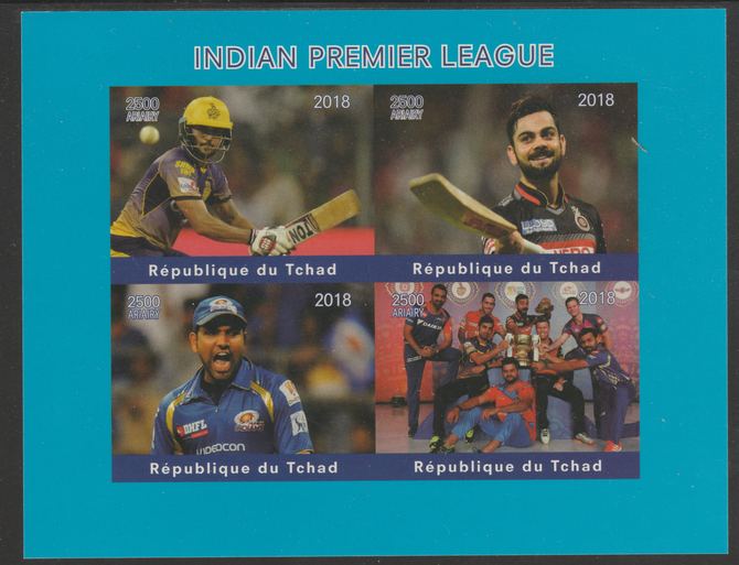 Chad 2018 Cricket - Indian Premier League imperf sheetlet containing 4 values unmounted mint. Note this item is privately produced and is offered purely on its thematic appeal, it has no postal validity, stamps on , stamps on  stamps on sports, stamps on  stamps on cricket