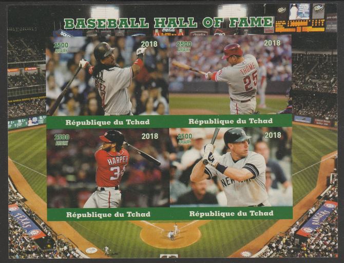 Chad 2018 Baseball Hall of Fame imperf sheetlet containing 4 values unmounted mint. Note this item is privately produced and is offered purely on its thematic appeal, it has no postal validity, stamps on sports, stamps on baseball