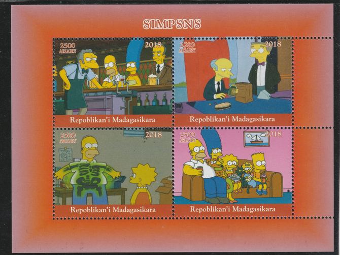 Madagascar 2018 The Simpsons perf sheetlet containing 4 values unmounted mint. Note this item is privately produced and is offered purely on its thematic appeal., stamps on , stamps on  stamps on fulms, stamps on  stamps on  tv , stamps on  stamps on  cinema, stamps on  stamps on movis, stamps on  stamps on cartoons