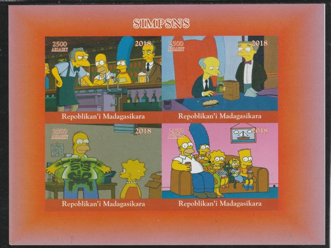 Madagascar 2018 The Simpsons imperf sheetlet containing 4 values unmounted mint. Note this item is privately produced and is offered purely on its thematic appeal., stamps on fulms, stamps on  tv , stamps on  cinema, stamps on movis, stamps on cartoons