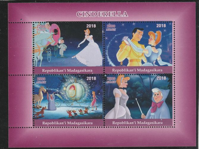 Madagascar 2018 Cinderella perf sheetlet containing 4 values unmounted mint. Note this item is privately produced and is offered purely on its thematic appeal., stamps on , stamps on  stamps on fulms, stamps on  stamps on , stamps on  stamps on  cinema, stamps on  stamps on movis, stamps on  stamps on cartoons, stamps on  stamps on disney